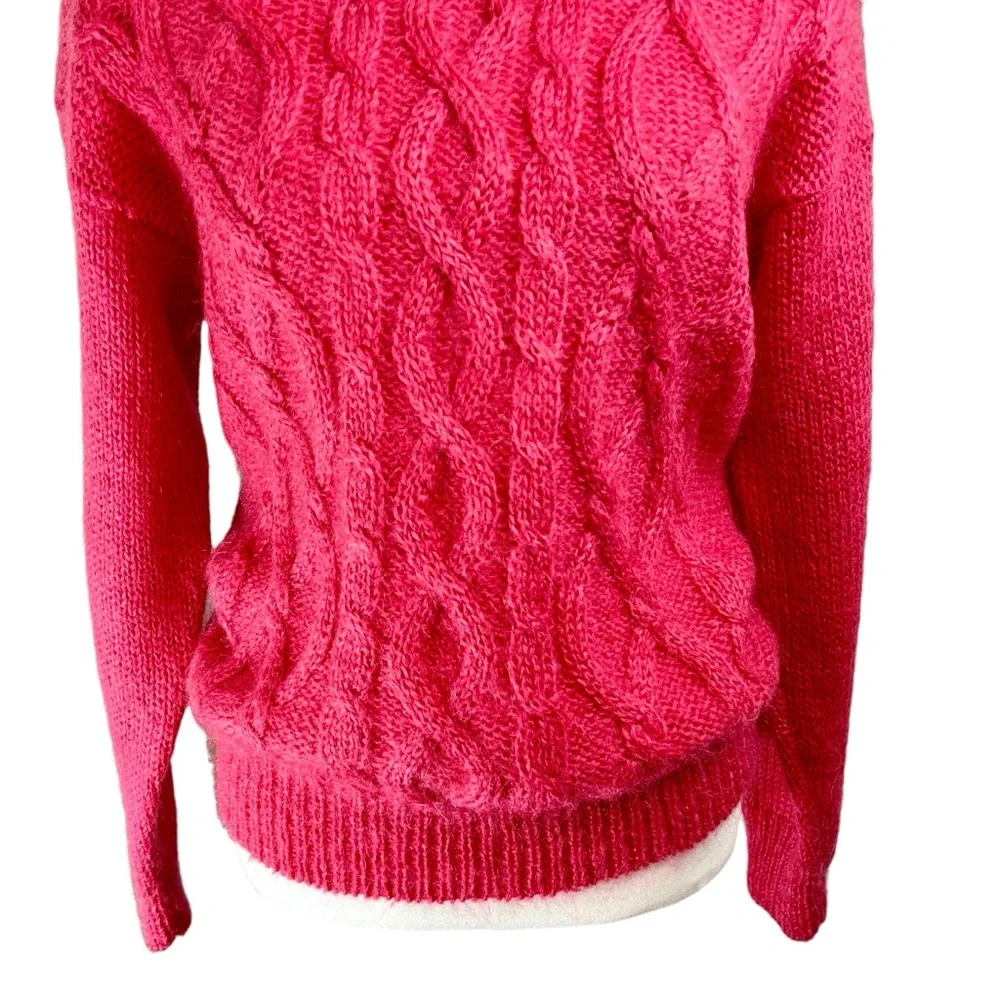 Vintage CRYSTAL Pink Mohair Wool Cable Knit Pullover Sweater Medium Crew Neck - Picture 4 of 13
